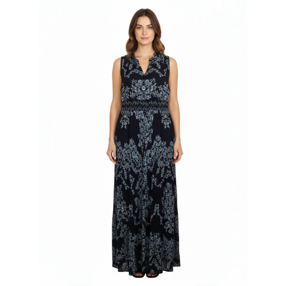 Bila Floral Maxi Dress Women XXL handkerchief, Hem Navy Smocked Boho Fairy Hippi